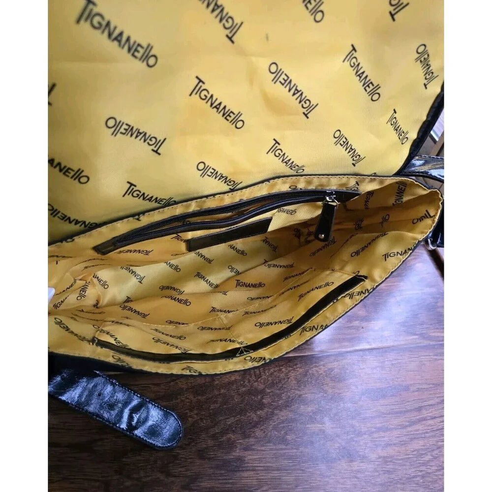 Tignanello Messenger Shoulder Bag Black Yellow Interior Laptop Computer Purse